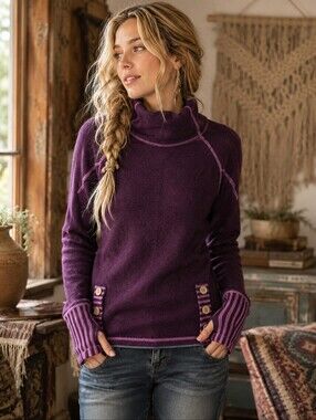 Akini Wool Mock Neck Indie Boho Sweater Purple Stripe Pullover Buttons sz XS
